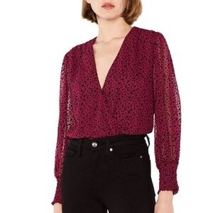 Misa Los Angeles Sheer V-Neck Blouse - Burgundy